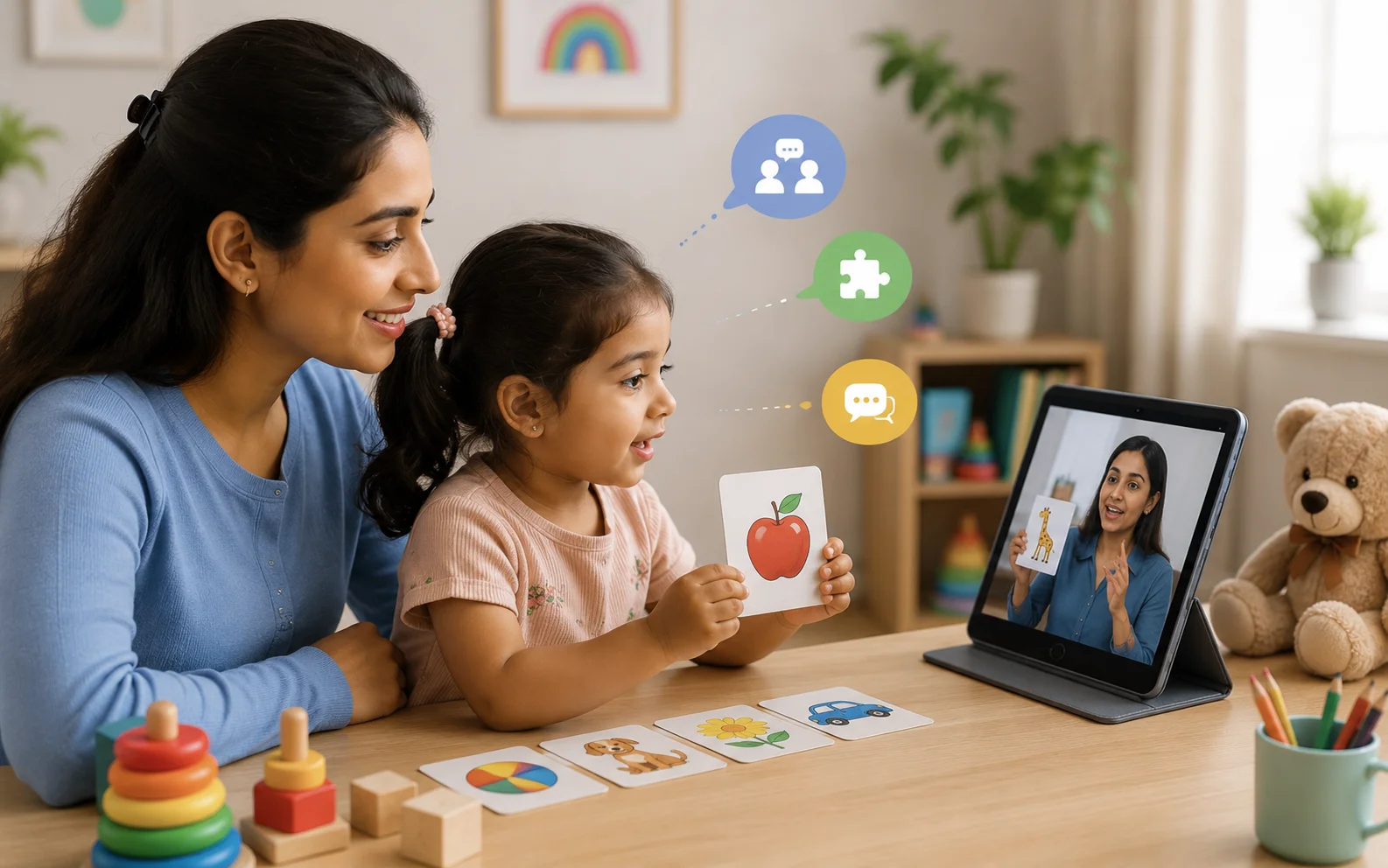 Child engaged in language development activities