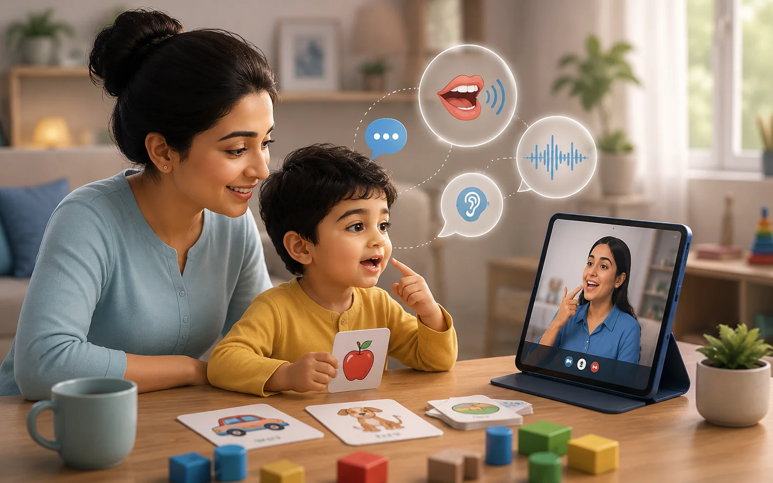 Child practicing speech sounds with therapist